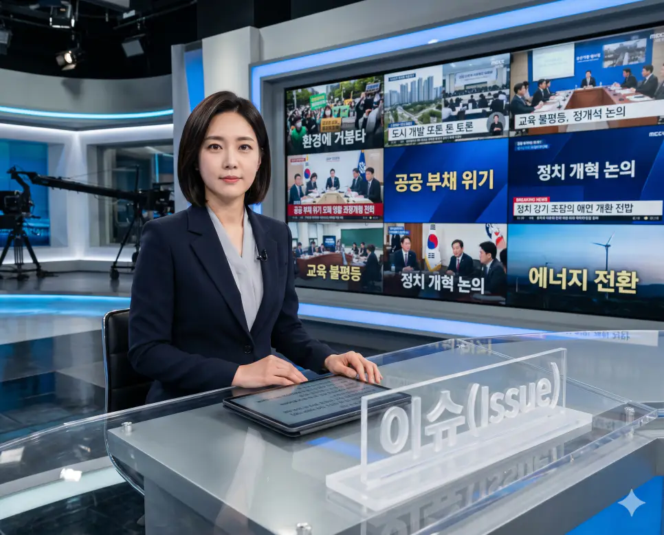접전 뜻, 아젠다 뜻, 이슈 뜻: 치열한 경합 상태와 공식 의제 및 사회적 쟁점의 본질 3 사회적 대중 공동체의 관심을 집중시키며 논쟁이나 비판적 대조의 중심이 되는 특정한 쟁점이나 사건인 이슈(Social Issue) 그래픽 화면을 정면 구도로 진중하게 브리핑하는 앵커의 정면 이미지