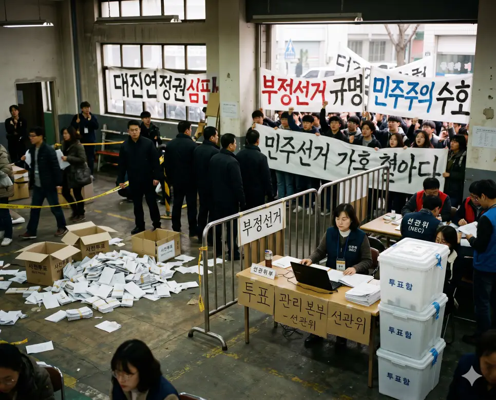 대진연 뜻, 선관위 뜻, 부정선거 뜻: 대학생 운동권 단체와 선거 관리 기관 및 표심 조작 행위의 본질 4 대학가 대로변에서 이념 깃발을 들고 구호를 외치는 대진연(Student Movement)의 청년 집회 현장, 엄격한 공정 관리를 위해 공식 투표함을 정비하는 선관위(NEC)의 행정 사무실, 그리고 인위적인 수치 조작 의혹의 물증을 고증하는 부정선거(Rigged Election)의 훼손된 투표용지 보관소를 하나의 사실적인 보도사진 스토리 라인으로 융합한 마스터피스 큐레이션 통합 포스터 극실사 이미지