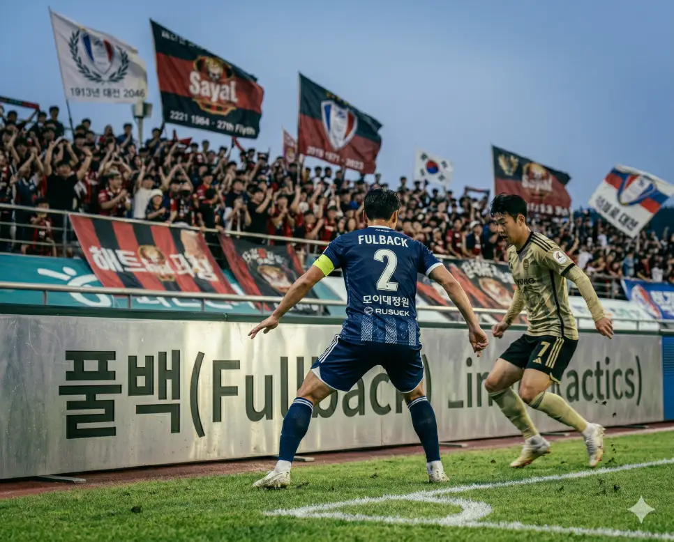 수문장 뜻, 턴오버 뜻, 풀백 뜻: 골키퍼 전술과 자원 소유권 상실 및 측면 수비수의 본질 정리 3 축구 전술 공학 내부에서 포백 대형의 좌우 양쪽 측면 수비를 전담하며 상대 윙어의 침투를 제어하고 측면 크로스 전개를 제어하는 핵심 방어선 직책인 풀백(Fullback)의 수비 움직임을 잔디 구장 터치라인 근처에서 전문 측면 수비수가 윙어 선수의 돌파를 정밀하게 차단하는 정태의 극실사 이미지