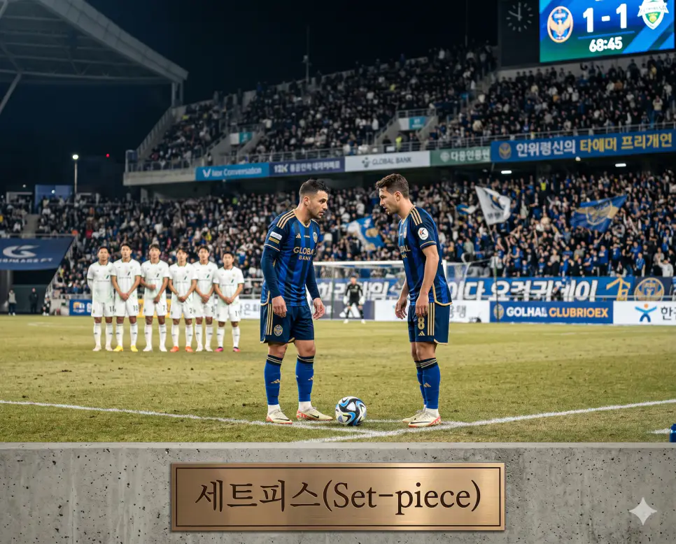 오프사이드 뜻, 세트피스 뜻, 킥오프 뜻: 축구 규칙 위반 정황과 정밀 전술 및 행정 명령의 본질 2 반칙이나 라인 아웃 등으로 인해 경기가 일시 중단된 정태에서 사전에 정밀하게 약속된 전술 조항 가이드라인에 의거하여 공을 전개하는 조직적 공격 방식인 세트피스(Set-piece)의 전술적 약속 순간을 축구 시즌 만원 관중 스타디움 페널티 박스 근처 프리킥 기회에서 키커 선수들이 눈빛을 교환하며 수비 벽의 빈틈을 노리는 정석적인 극실사 모습