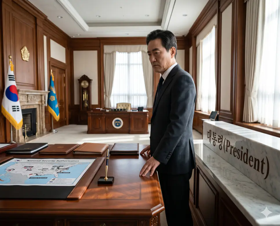 행정부의 최고 서열 정점이자 국가원수로서 국가의 안위 지표와 외교 국방 및 행정 인프라의 최종 결정권 데이터를 장악한 수반인 대통령(The President) 안보 승인 서류를 집무실 책상에서 엄숙한 정면 표정으로 확인하는 수반의 정면 이미지