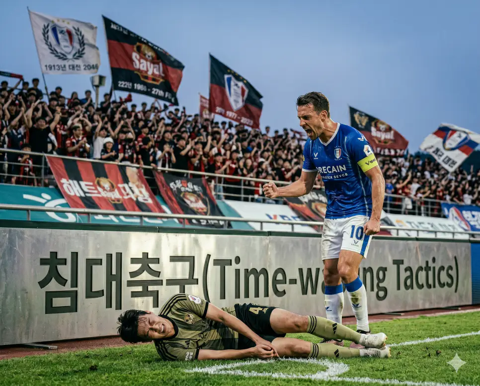 경기 내부에서 소유 권한을 쥔 진영이 승기를 굳히기 위해 경미한 신체 접촉에도 잔디 위에 누워 고의로 시공간을 유린하는 지연 전술인 침대축구(Time-wasting Tactics)의 정황을 팽팽한 경기 막판 상대 선수가 잔디 위에 누워 시간을 끄는 정태와 공격 선수가 허탈해하는 날것 그대로의 치열한 실제 스포츠 시작 구도로 고증한 정면 극실사 이미지