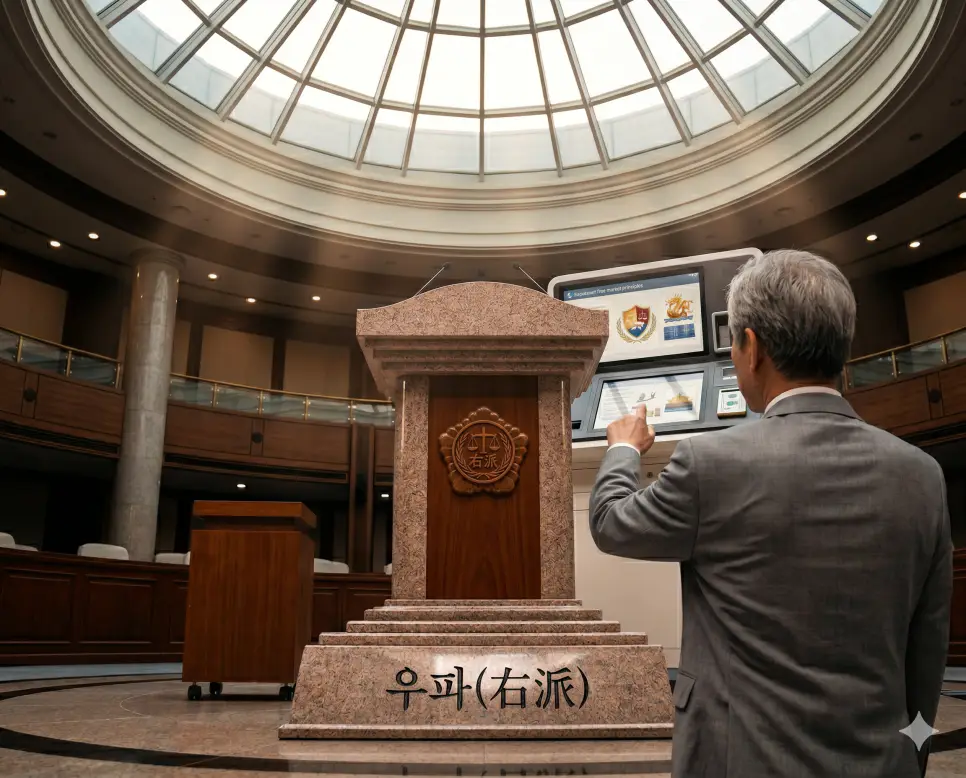 좌파 뜻, 우파 뜻, 유권자 뜻: 정치 이념의 두 축과 민주주의 주권자의 정의 2 우파 뜻 질서 수호와 시장 경제의 효율성을 최우선 가치로 삼는 세력을 시각화하기 위해 금융기관 중앙 석조 단상 표면에 키워드가 정교하게 새겨진 소품 뒤로 자유 무역 상징을 마주한 정장 입은 시민의 극실사 모습