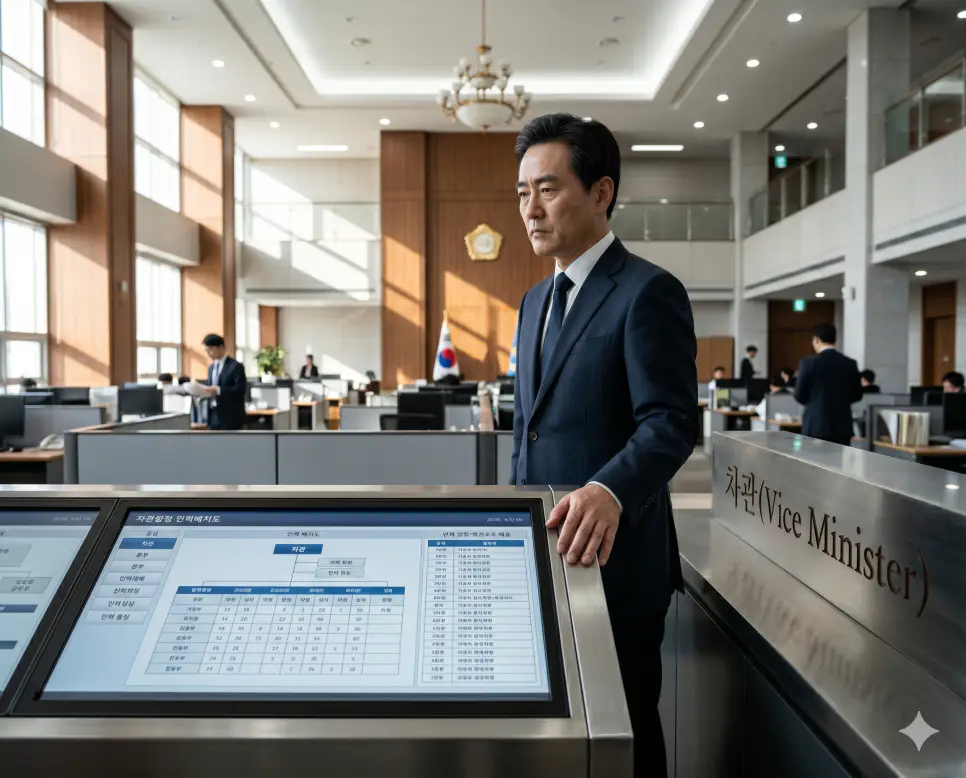 국무총리 뜻, 장관 뜻, 차관 뜻: 행정부 전체 총괄 실무책임자와 부처 최고 집행 주체의 본질 3 장관을 보좌하여 부처 내부의 행정 실무와 조직 관리를 총괄하고 장관이 자리를 비웠을 때 직무를 대행하는 부처의 2인자인 차관(Vice Minister) 인사 보좌 roster 카드를 정면 구도 행정 본부실에서 엄숙하게 확인하는 차석의 정면 이미지