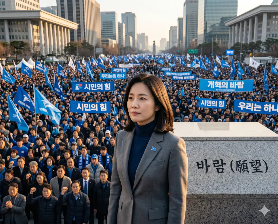 사회 구성원들 사이에서 특정한 정치적 지향이나 개혁 노선이 거대한 여론의 흐름으로 확산하는 현상인 바람(Wind of Consensus)의 물결이 대형 광장의 푸른색 개혁 깃발과 시민 행렬로 번져나가는 국면을 정면 구도에서 진중한 정면 표정으로 바라보는 시민 운동가의 극실사 모습