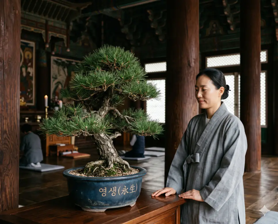 찰나 뜻, 영생 뜻, 억겁 뜻: 불교 철학으로 보는 시간의 최소 단위와 무한한 세월 2 영생 소멸을 초월한 영원한 생명을 시각화하기 위해 대웅전 안 세라믹 화분 표면에 키워드가 정교하게 새겨진 소품 옆에 서서 분재 소나무를 응시하는 여성의 극실사 모습