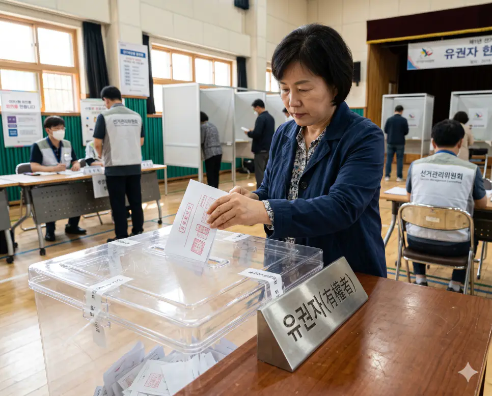 좌파 뜻, 우파 뜻, 유권자 뜻: 정치 이념의 두 축과 민주주의 주권자의 정의 3 유권자 뜻 선거권을 보유하여 소중한 1표의 권리 데이터를 행사하는 국민을 표기하기 위해 투표소 아크릴 투표함 안내판 표면에 키워드가 조각된 소품 옆에서 용지를 투입구에 넣는 시민의 측후면 극실사 이미지